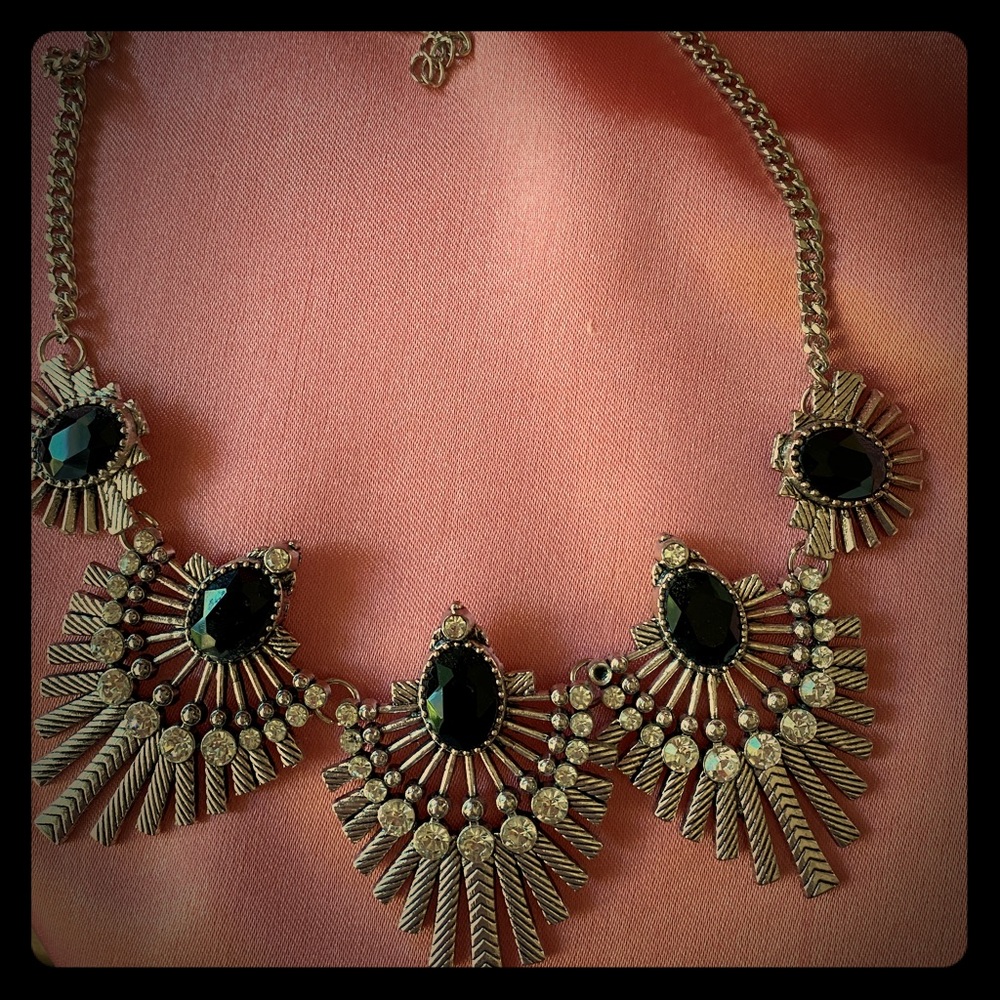 Silver tone Necklace with black & clear stones
